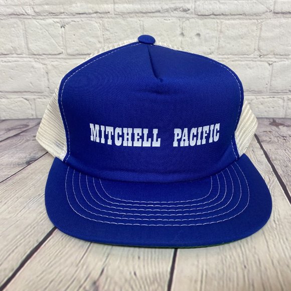 Vintage Trucker Hat Mesh 80s Cap Blue White Mitchell Pacific One Size 1980s - Picture 5 of 8